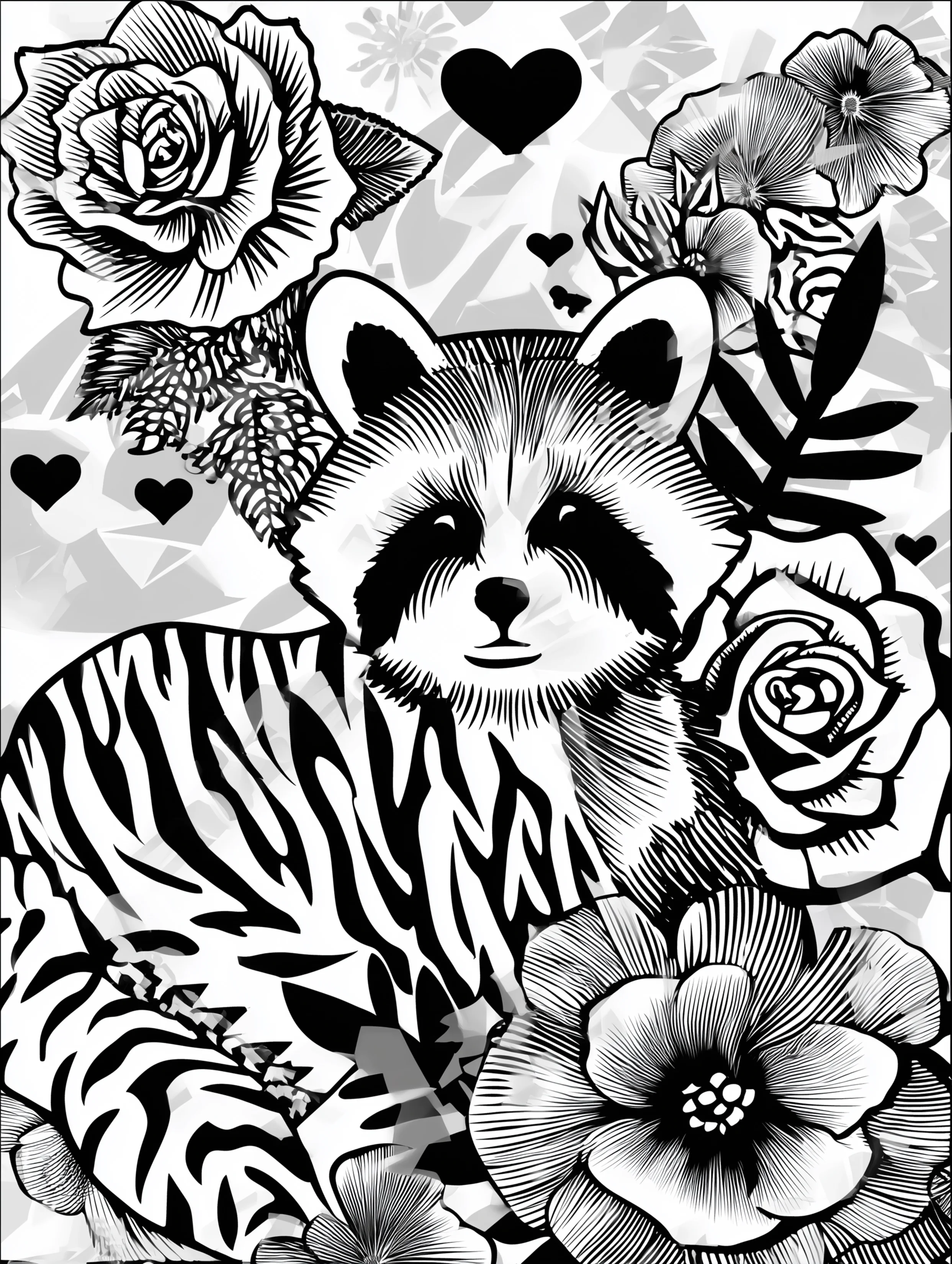 Free printable zoo coloring sheet featuring a raccoon in a bush
